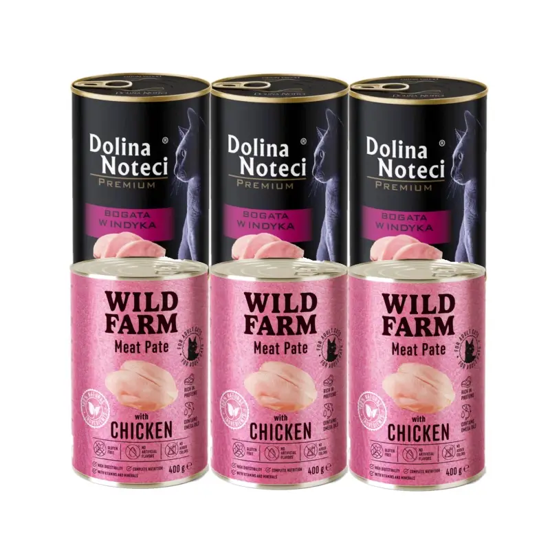 Dolina Noteci Premium s vysokým obsahem krůtího masa 3x400g + WILD FARM Pate Chicken 3x400g – bezlepkové krmivo pro kočky Víkendová Akce