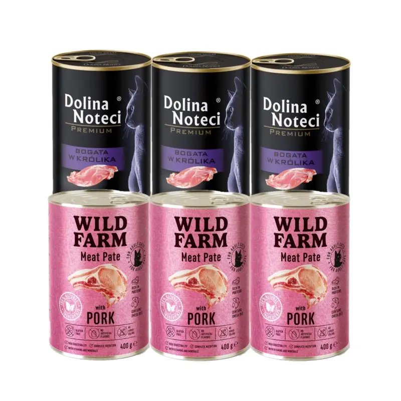Dolina Noteci Premium bohatá na králíka 3x400g + WILD FARM Pate Pork 3x400g – bezlepkové krmivo pro kočky Značkový