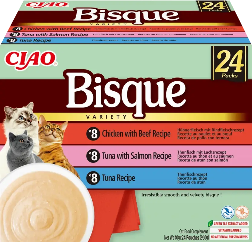 INABA Cat Ciao Bisque - Krémová polévka s kuřecím, hovězím, tuňákem a lososem, 24x40g Sezónní Sleva