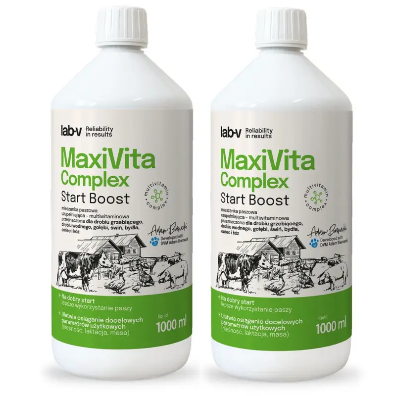 Cenový Hit Lab-v MaxiVita Complex - doplňková multivitaminová krmná směs v tekuté formě, určená pro kurovitou drůbež, vodní ptactvo, holuby, prasata, skot, ovce a kozy. 2x1000 ml