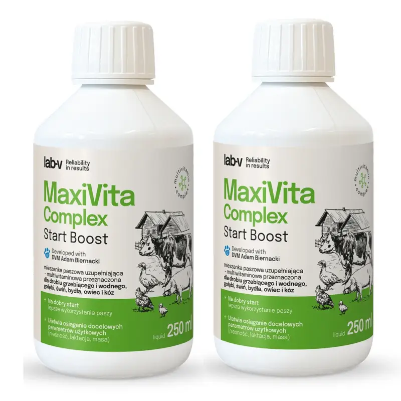 Lab-v MaxiVita Complex - doplňková multivitaminová krmná směs v tekuté formě, určená pro kurovitou drůbež, vodní ptactvo, holuby, prasata, skot, ovce a kozy. 2x250 ml Jen Po Omezenou Doba