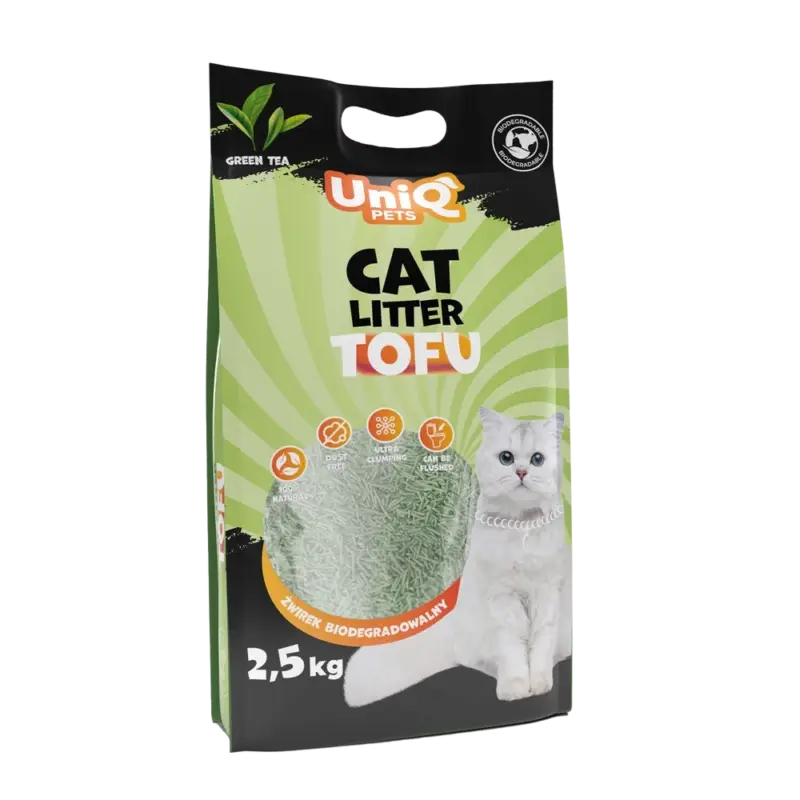 UNIQ PETS TOFU – biologicky rozložitelný stelivo pro kočky, 2,5 kg, zelený čaj Cenový Hit