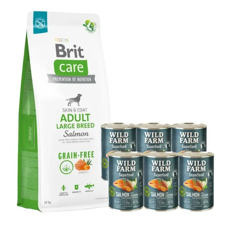 Levný BRIT CARE Dog Grain-free Adult Large Breed Salmon 12kg + WILD FARM Superfood Salmon 6x400g bezobilné krmivo pro psy