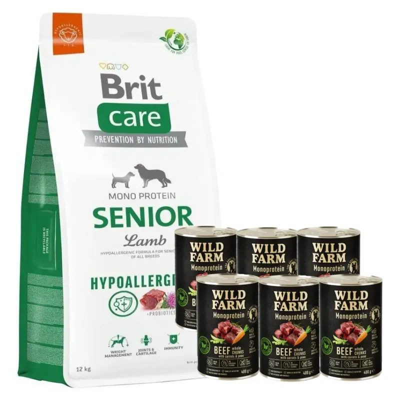 Nejlepší Volba BRIT CARE Hypoallergenic Senior Lamb 12kg + WILD FARM Monoprotein Beef 6x400g hypoalergenní krmivo pro psy