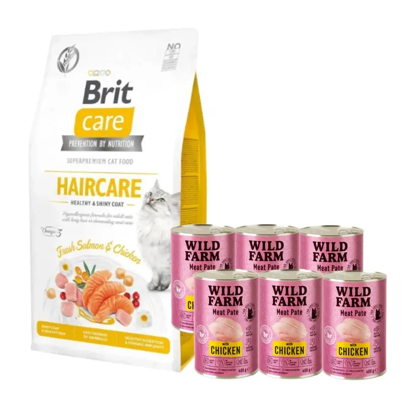 Aktuální Brit Care Cat Grain-Free Haircare Healthy & Shiny Coat 7kg + WILD FARM Paštika s kuřecím masem 6x400g – bezlepkové krmivo pro kočky