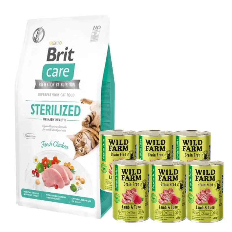 BRIT Care CatBezobilné krmivo pro sterilizované kočky s problémy močových cest 7kg + WILD FARM Premium Grain Free Lamb and Tuna 6x400g – bezobilné krmivo pro kastrované kočky Cenově Výhodný