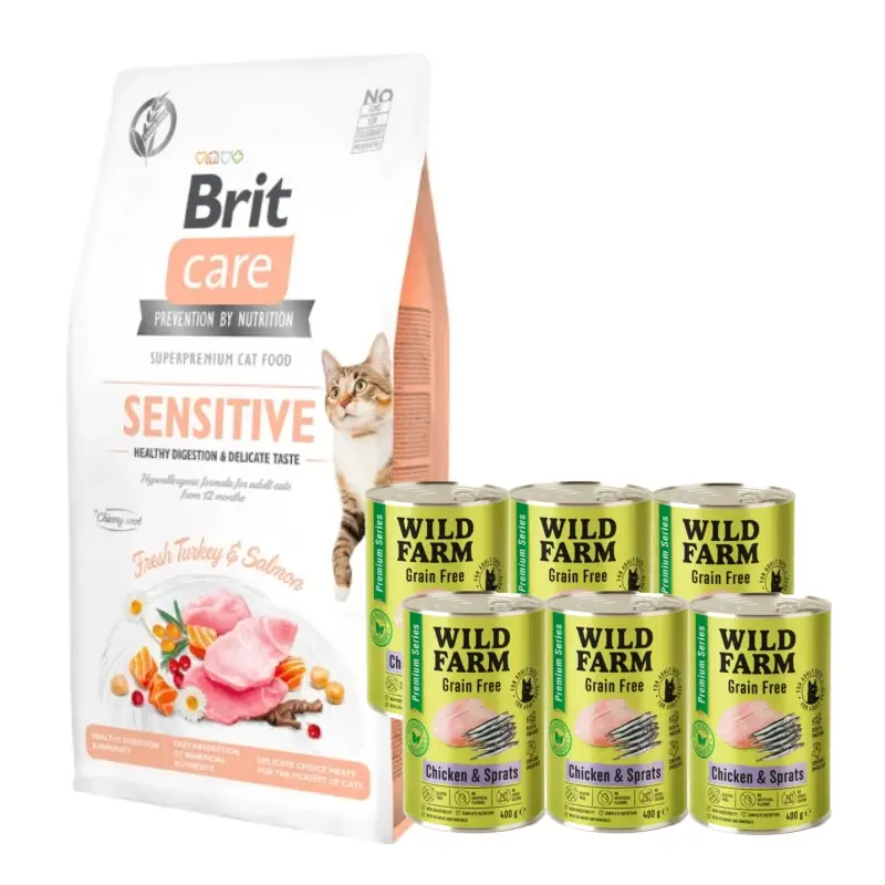 BRIT Care Cat Grain-Free Sensitive 7kg + WILD FARM Premium Grain Free Chicken and Sprats 6x400g – bezobilné krmivo pro kočky Super Cena