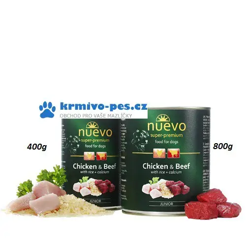 Finální Výprodej Nuevo pes Junior Kuřecí a Hovězí konzerva 400g