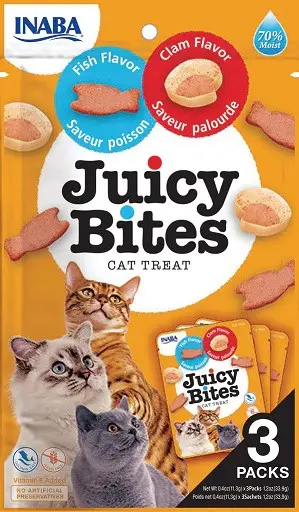 Novinka Inaba Juicy Bites cat snack ryba a škeble 3x11,30g